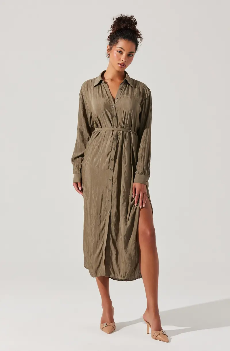 Long-Sleeve Belted Shirt Dress
