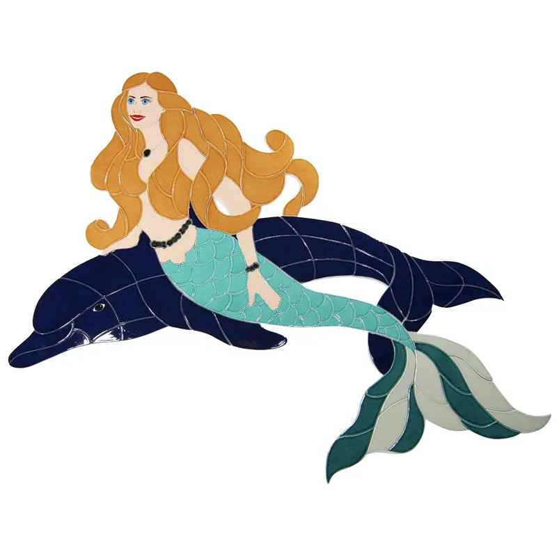Mermaid Riding Dolphin Mosaic – 47″ x 57″ Large Pool Feature