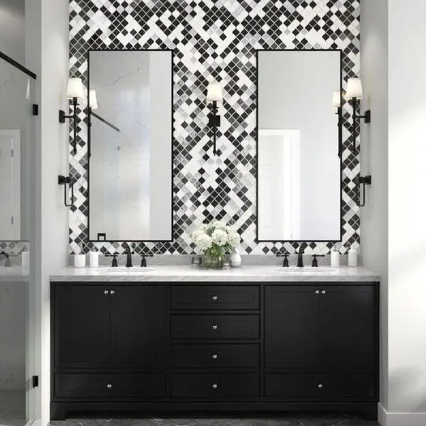 Midnight Arabesque Ceramic Mosaic – Deep Charcoal Patterned Tile with Dimensional Glaze