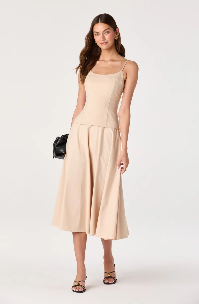 Mixed-Media Drop-Waist Midi Dress – Contemporary Layering