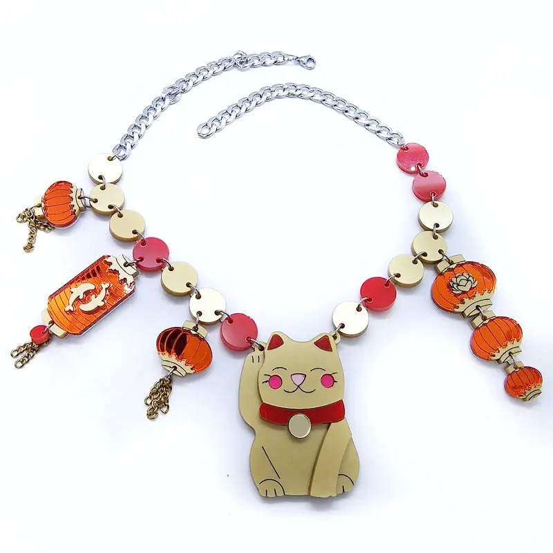Off-Shoulder Lucky Cat and Chinese Lantern Necklace
