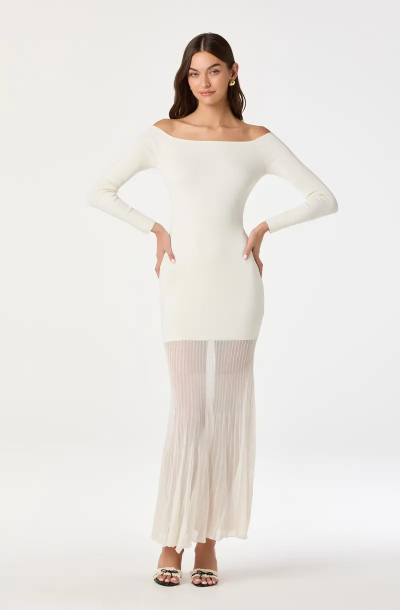 Off-Shoulder Maxi Dress with Mesh Hem Panels
