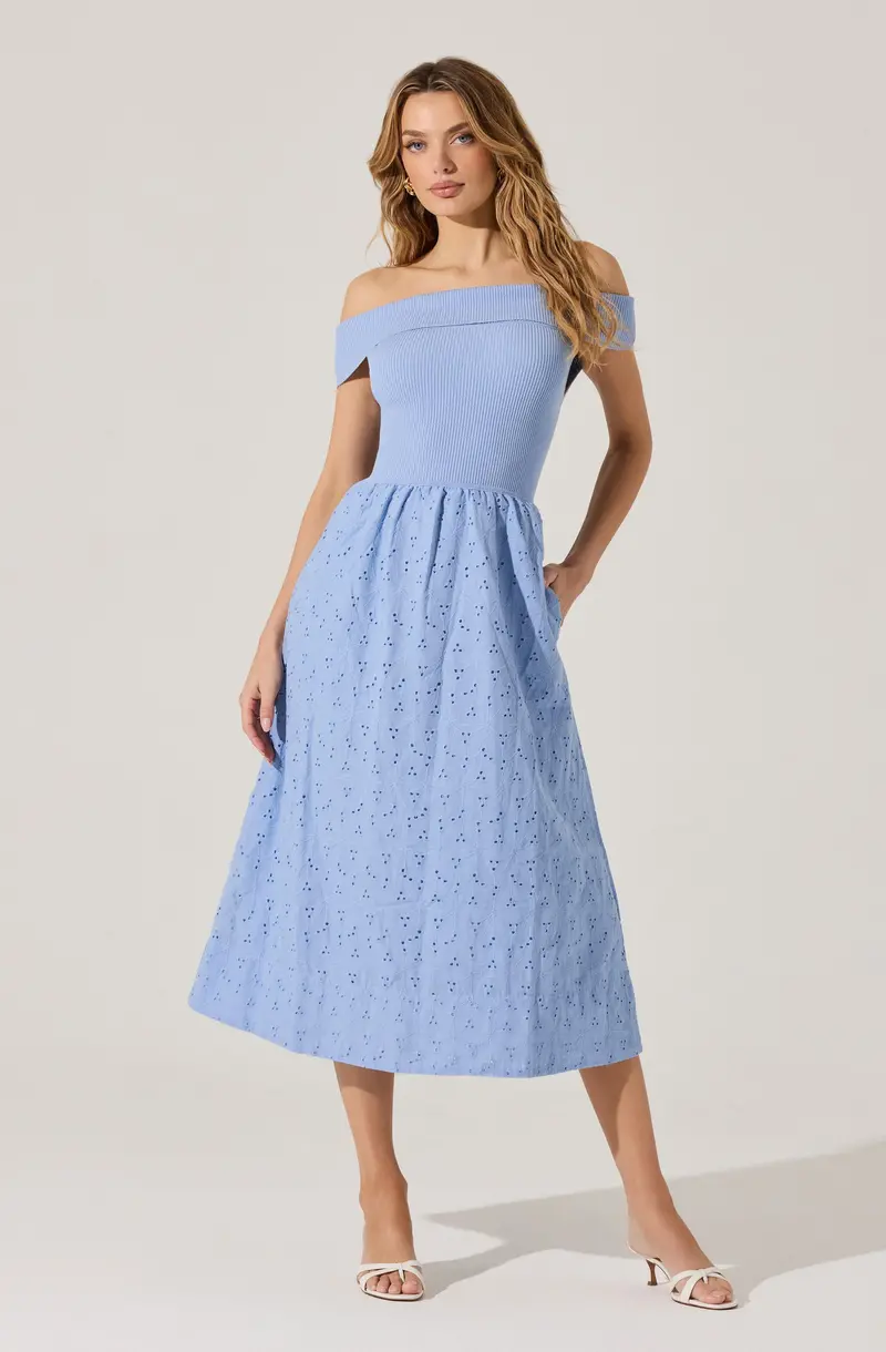 Off-the-Shoulder Eyelet Midi Dress