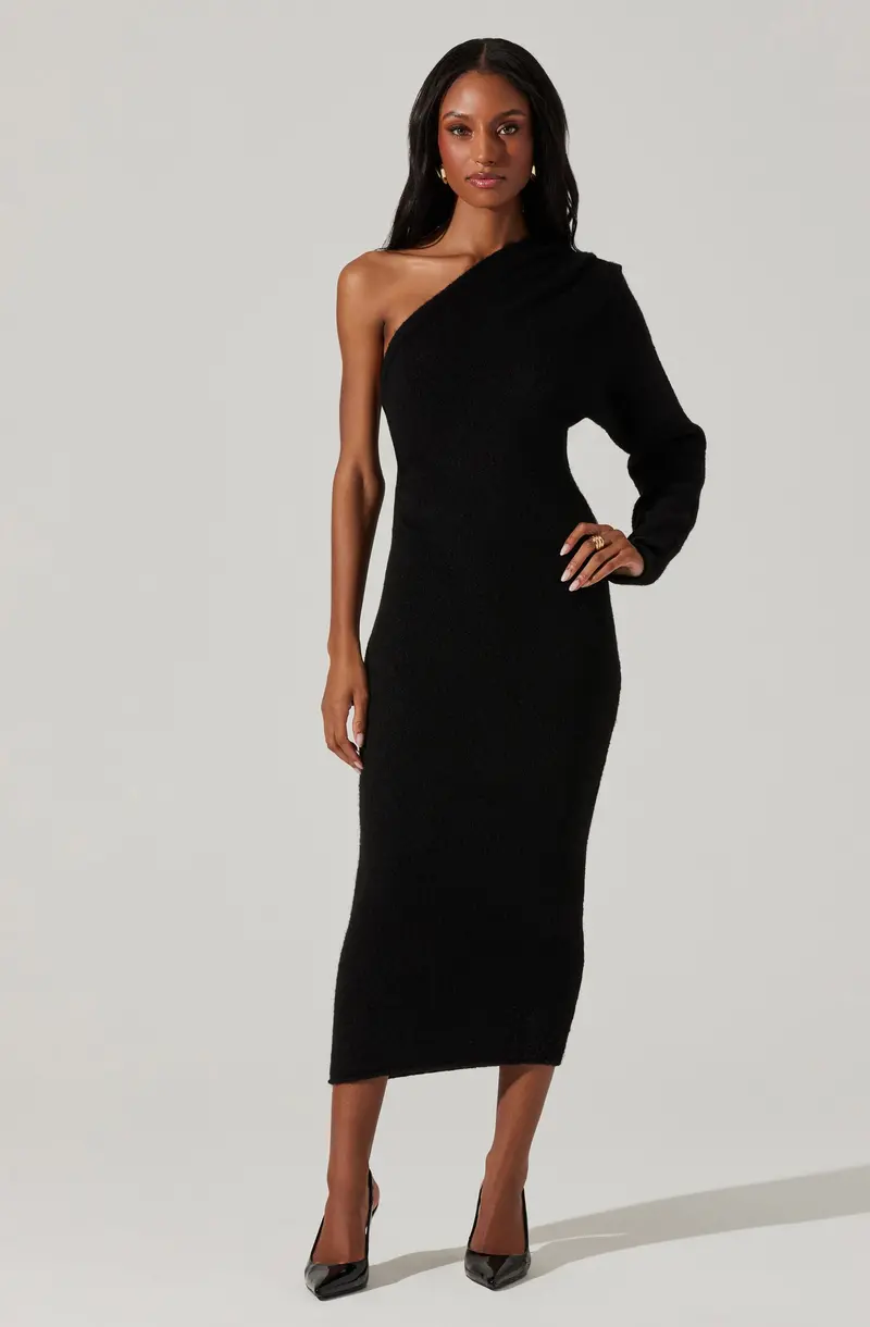 One-Shoulder Knit Sweater Midi Dress