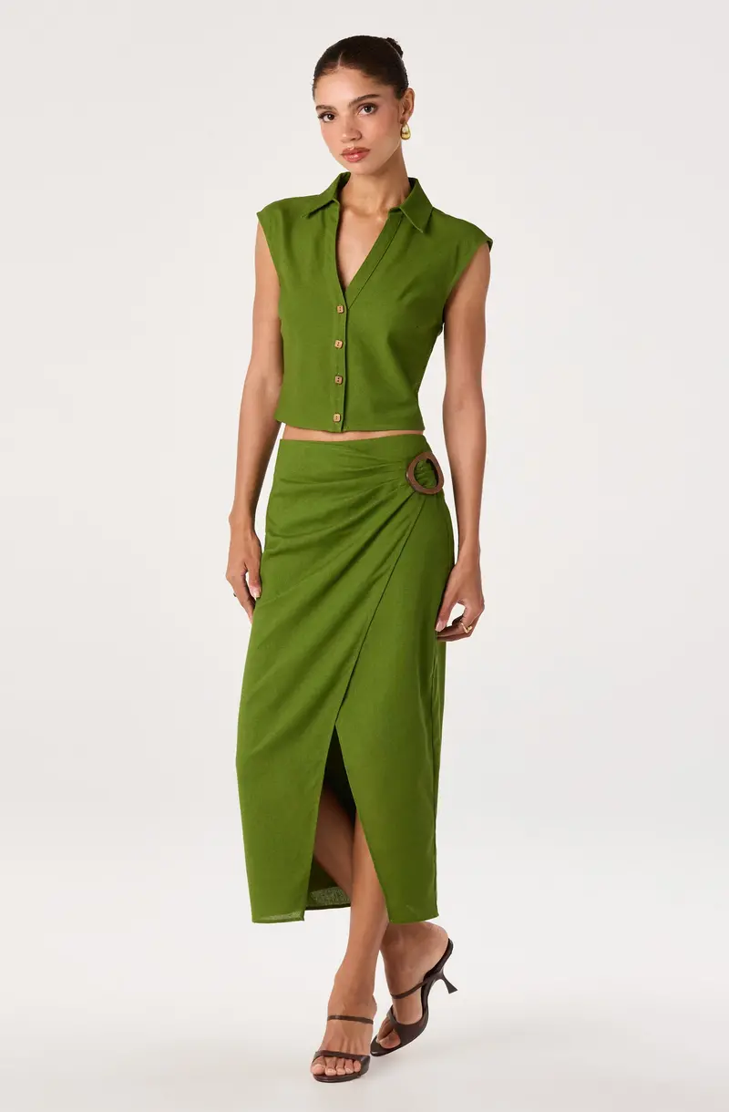Onyx Faux-Wrap Midi Skirt with Flattering Fit