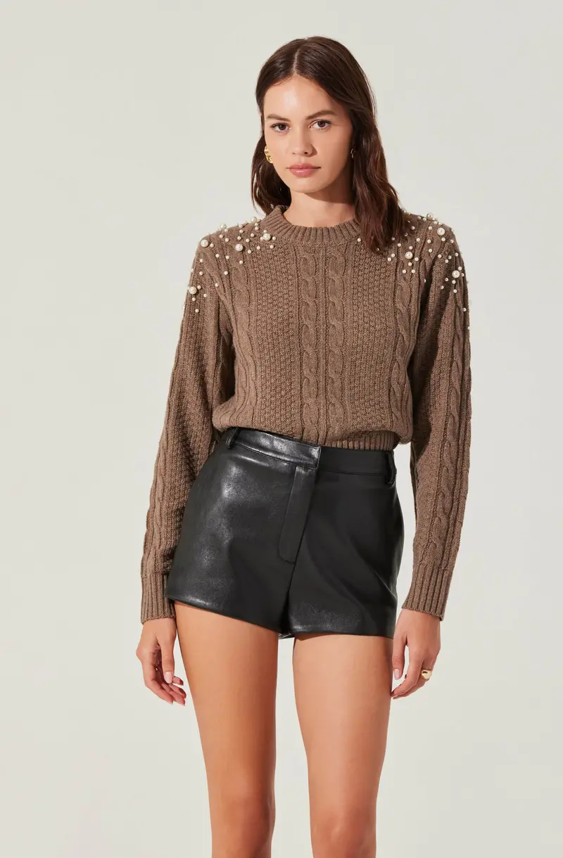 Pearl-Embellished Cable-Knit Oversized Sweater