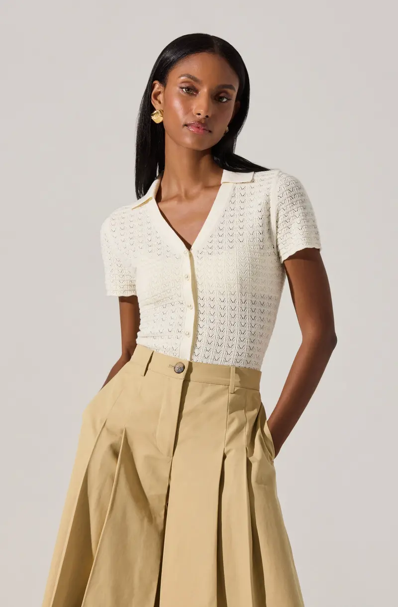 Pearl-Trimmed Pointelle Polo Sweater