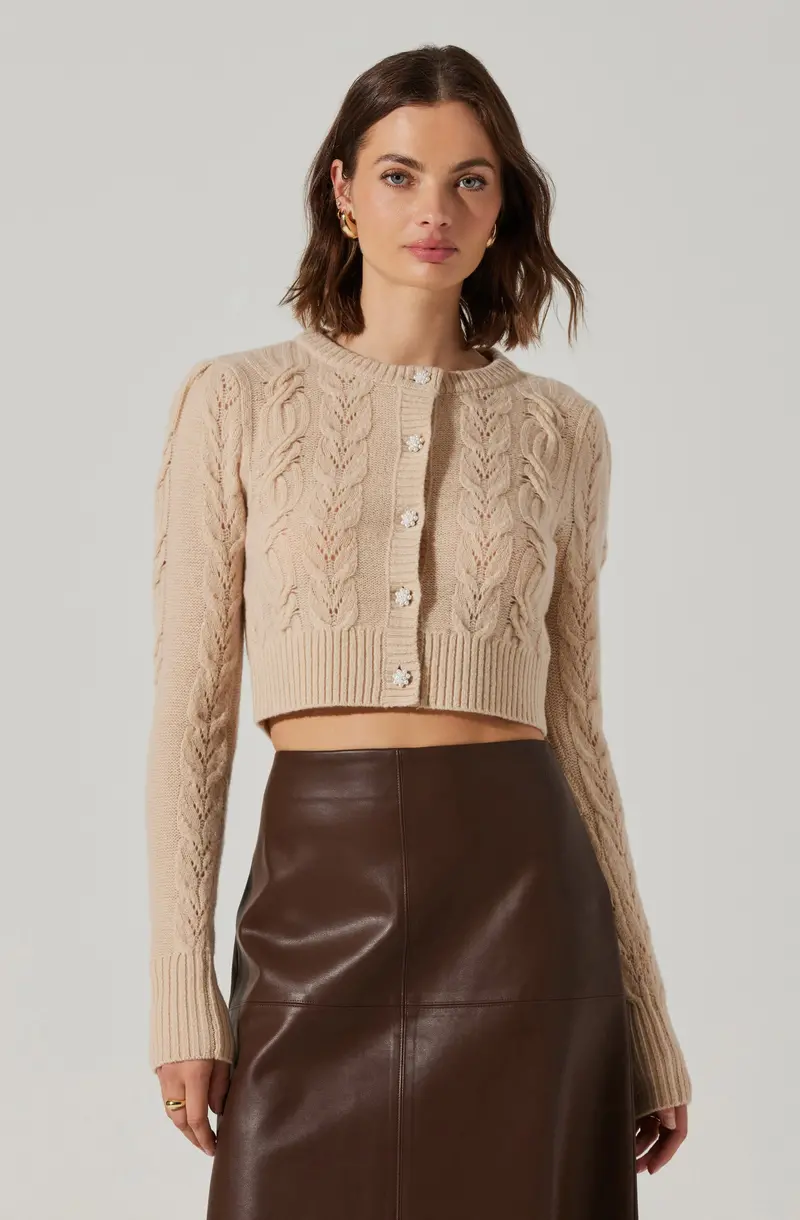 Peri Cropped Cable-Knit Cardigan with Mock Neck