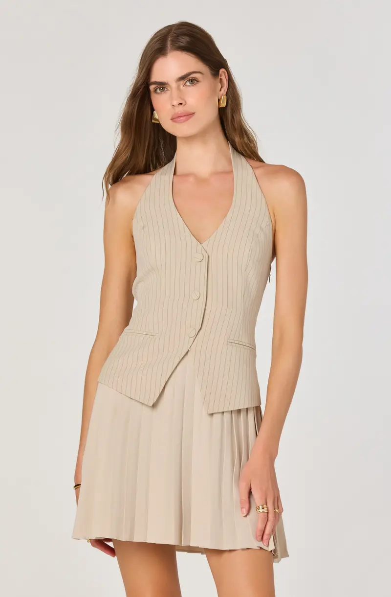 Pleated Halter Mini Dress with Vest Style
