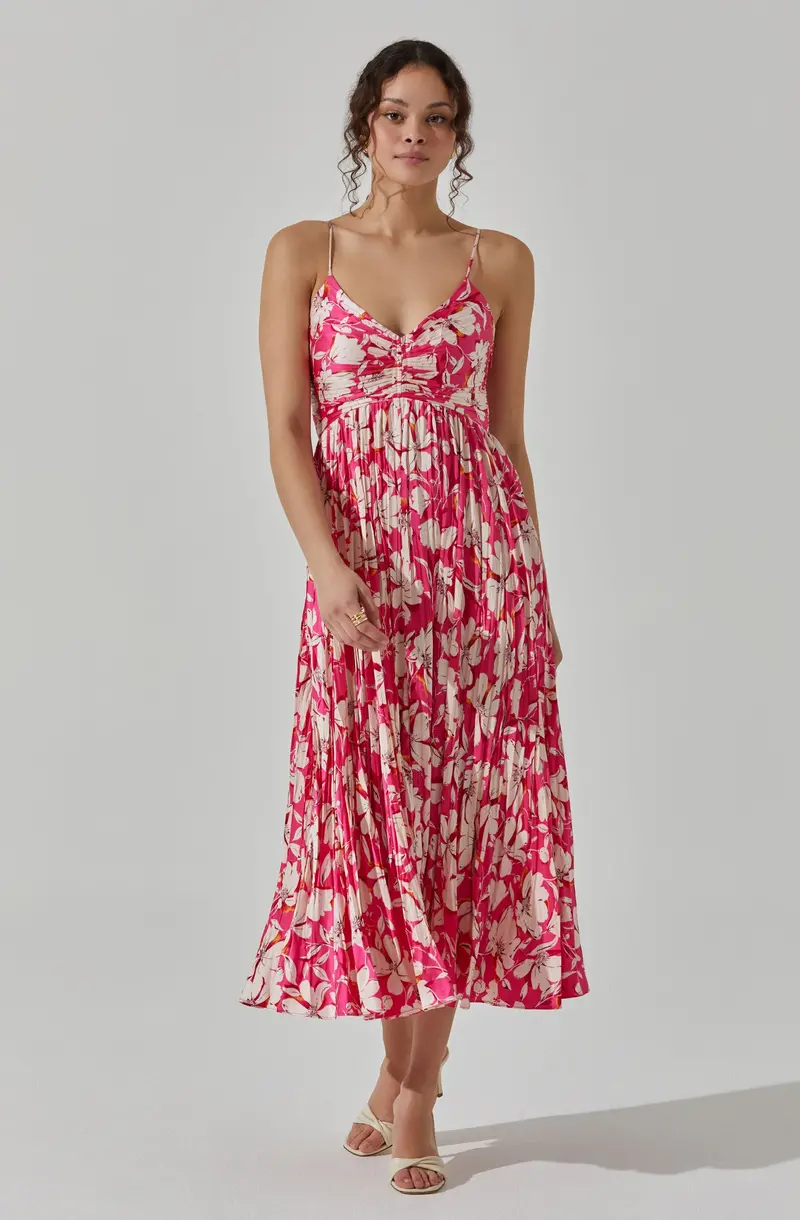 Pleated Satin Midi Dress