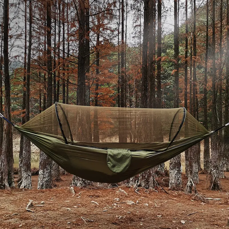 Quick-Release Mosquito Net Hammock with Integrated Support Pole – Lightweight Nylon Camping Hammock