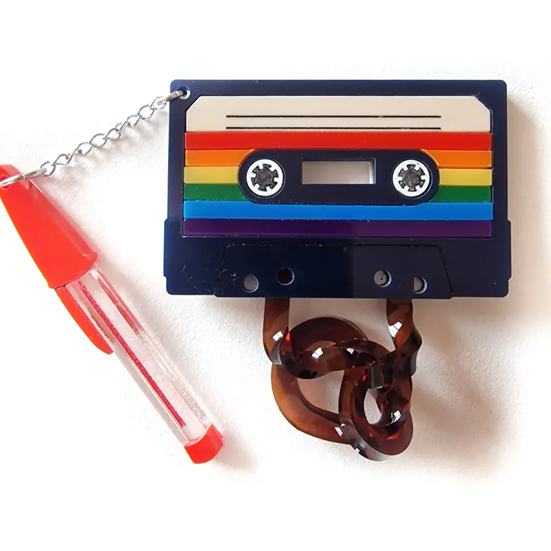 Rainbow Cassette Tape and Ballpoint Pen Brooch