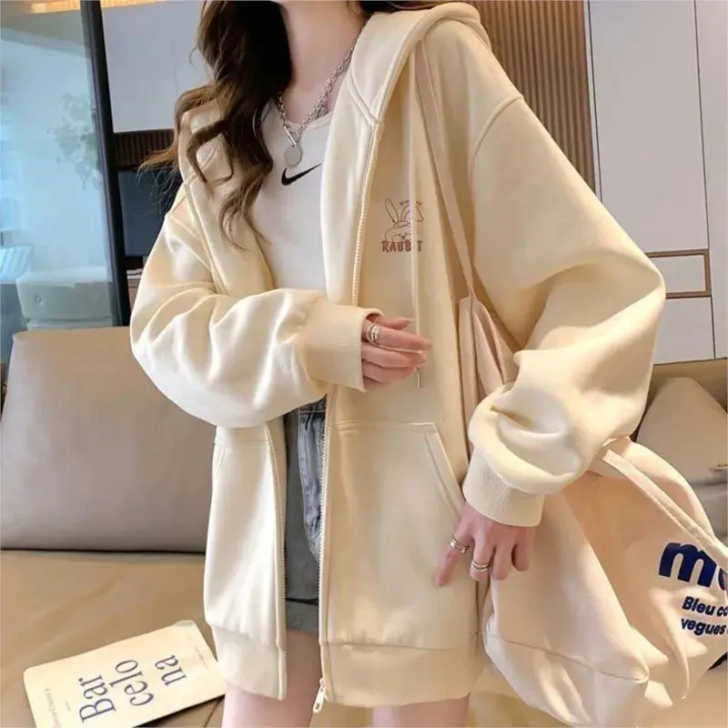 Retro Harajuku Hoodie for Women – Solid-Color Loose-Fit Zip-Up Sweatshirt with High-Street Vibe
