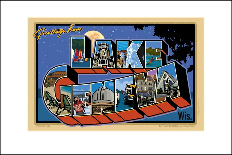 Retro Lake Geneva Postcard-Style Digital Studio Print