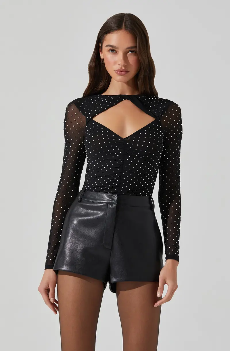 Rhinestone-Scattered Sheer Mesh Bodysuit