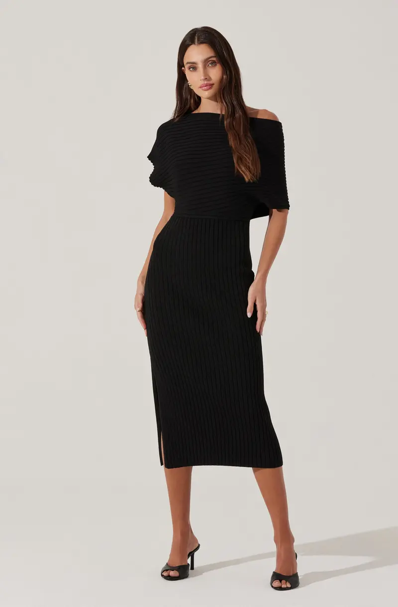 Ribbed Off-Shoulder Midi Sweater Dress