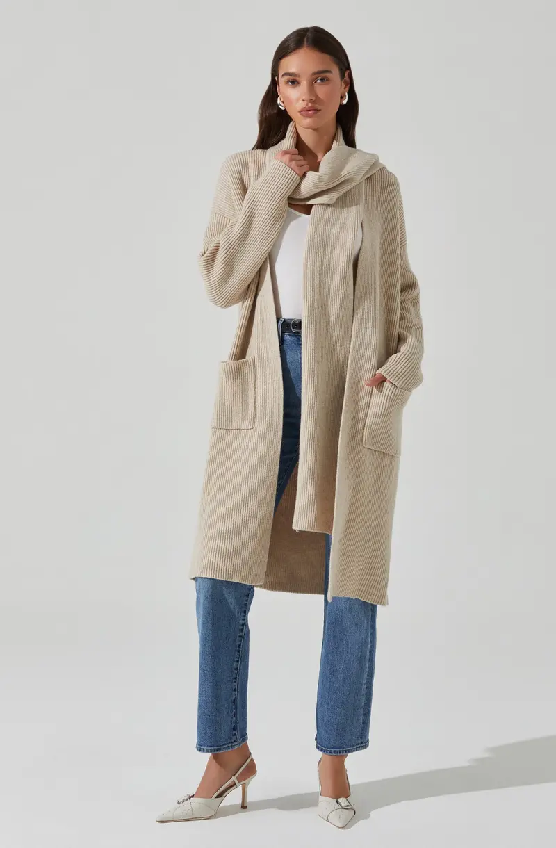 Ribbed Scarf-Style Lightweight Cardigan