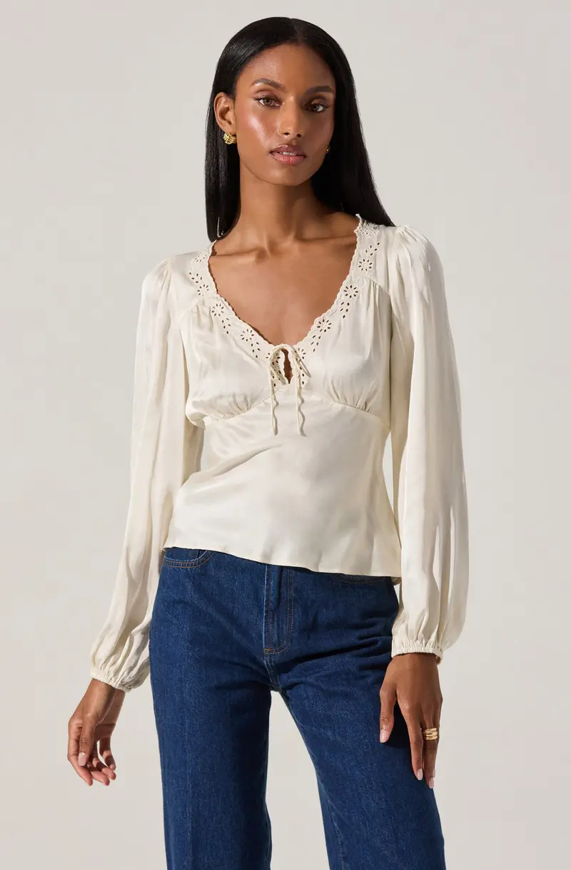 Roya Satin Top with Delicate Eyelet Trim