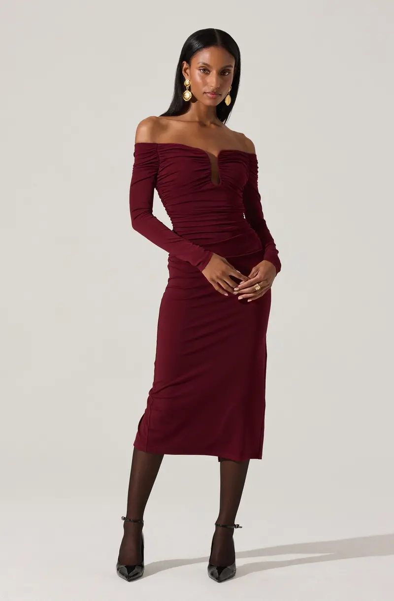 Ruched Off-Shoulder Midi Dress – Lovinia