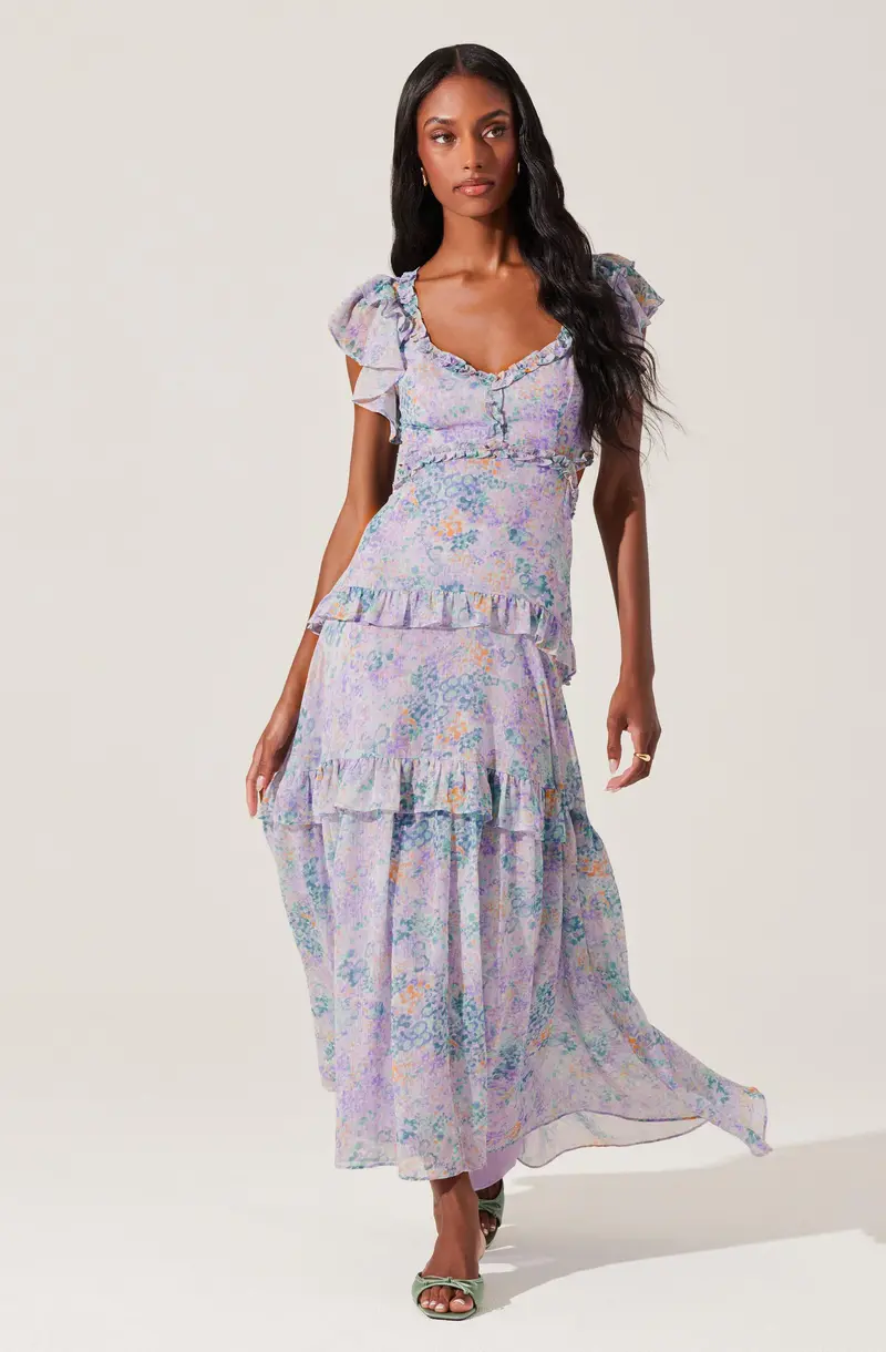 Ruffled Tiered Maxi Dress with Bold Botanical Design