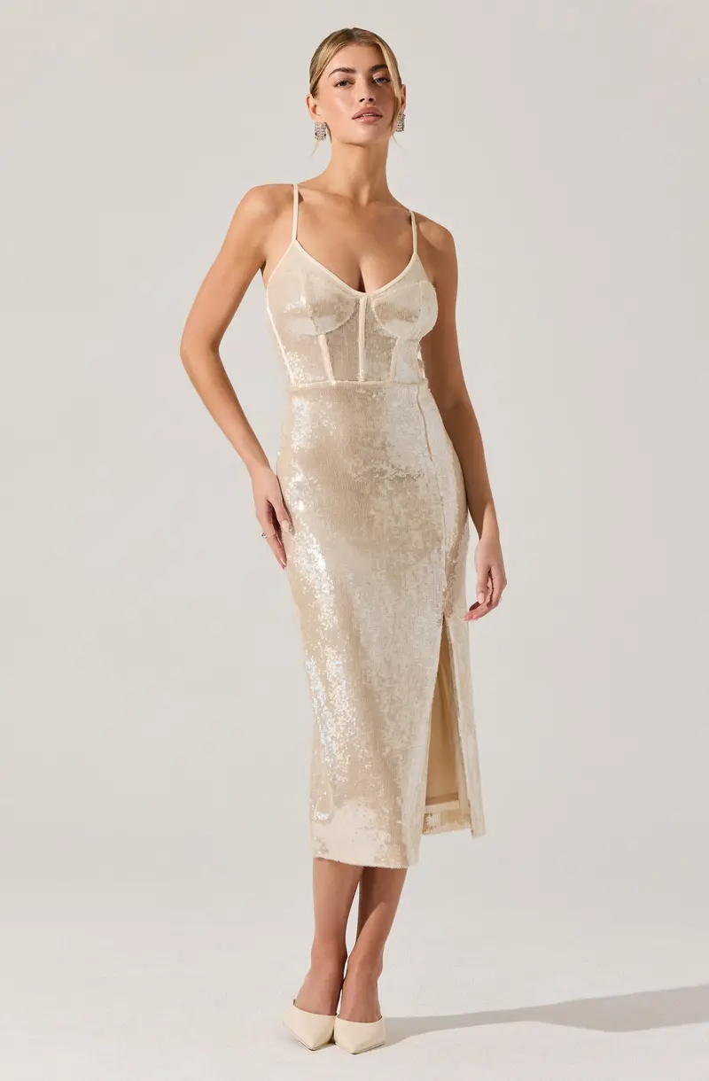 Sequin Bustier Midi Dress with Defined Waist – Liese