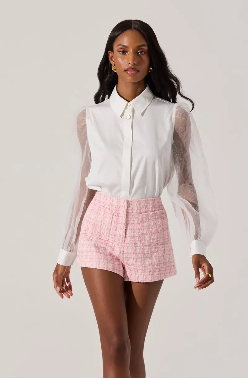 Sheer-Sleeve Button-Front Shirt