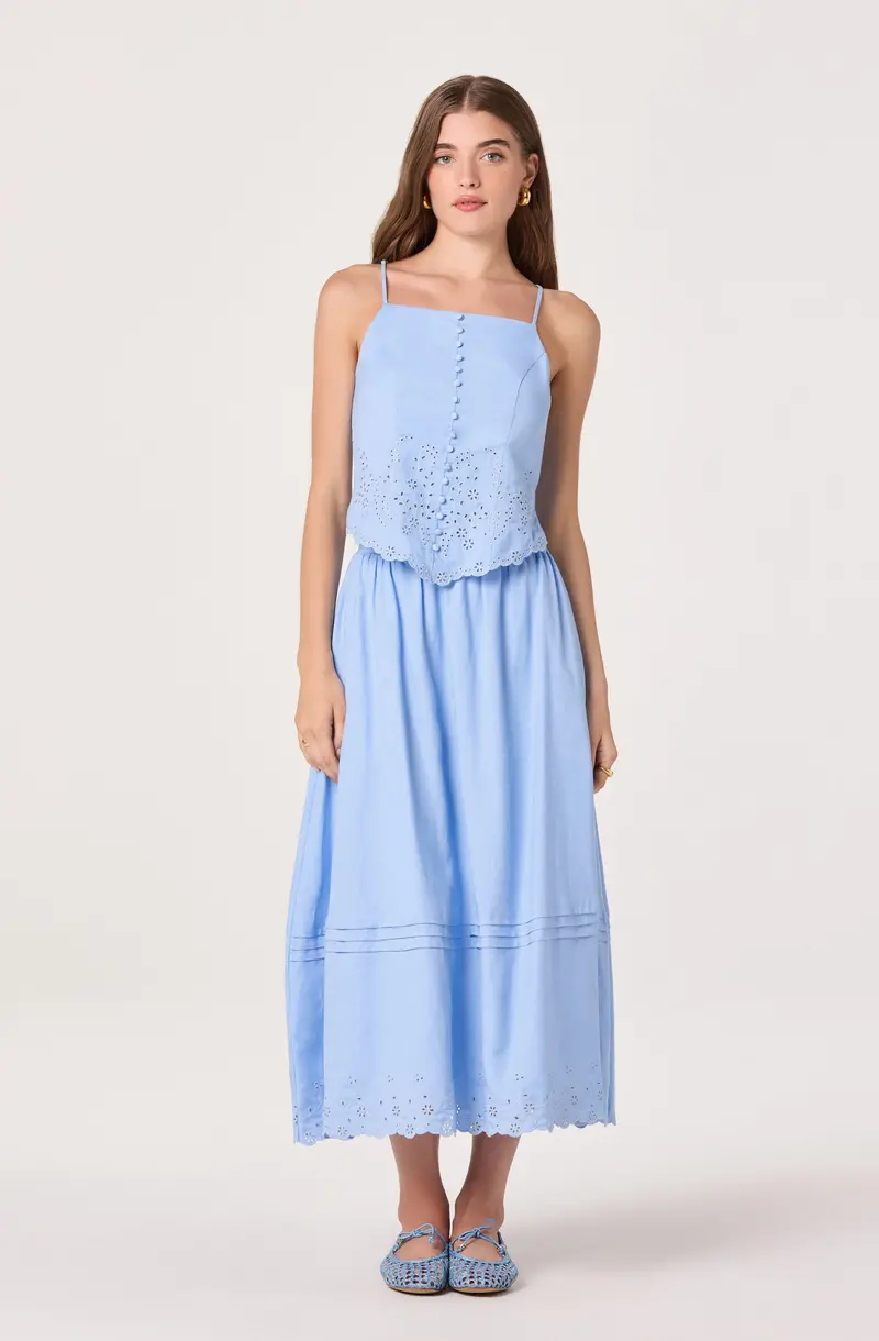 Shelly Linen Midi Skirt with Eyelet-Hem Accents