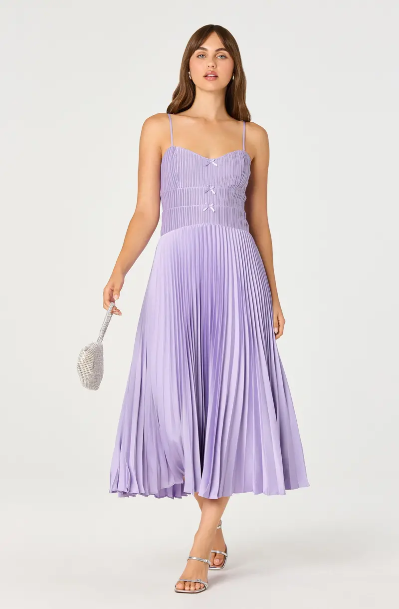 Shionagh Satin Midi Dress with Bow Detail and Pleated Skirt