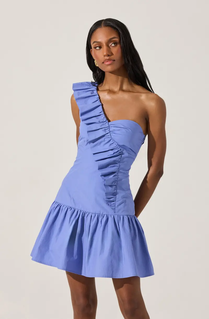 Single-Shoulder Mini Dress with Cascading Ruffles