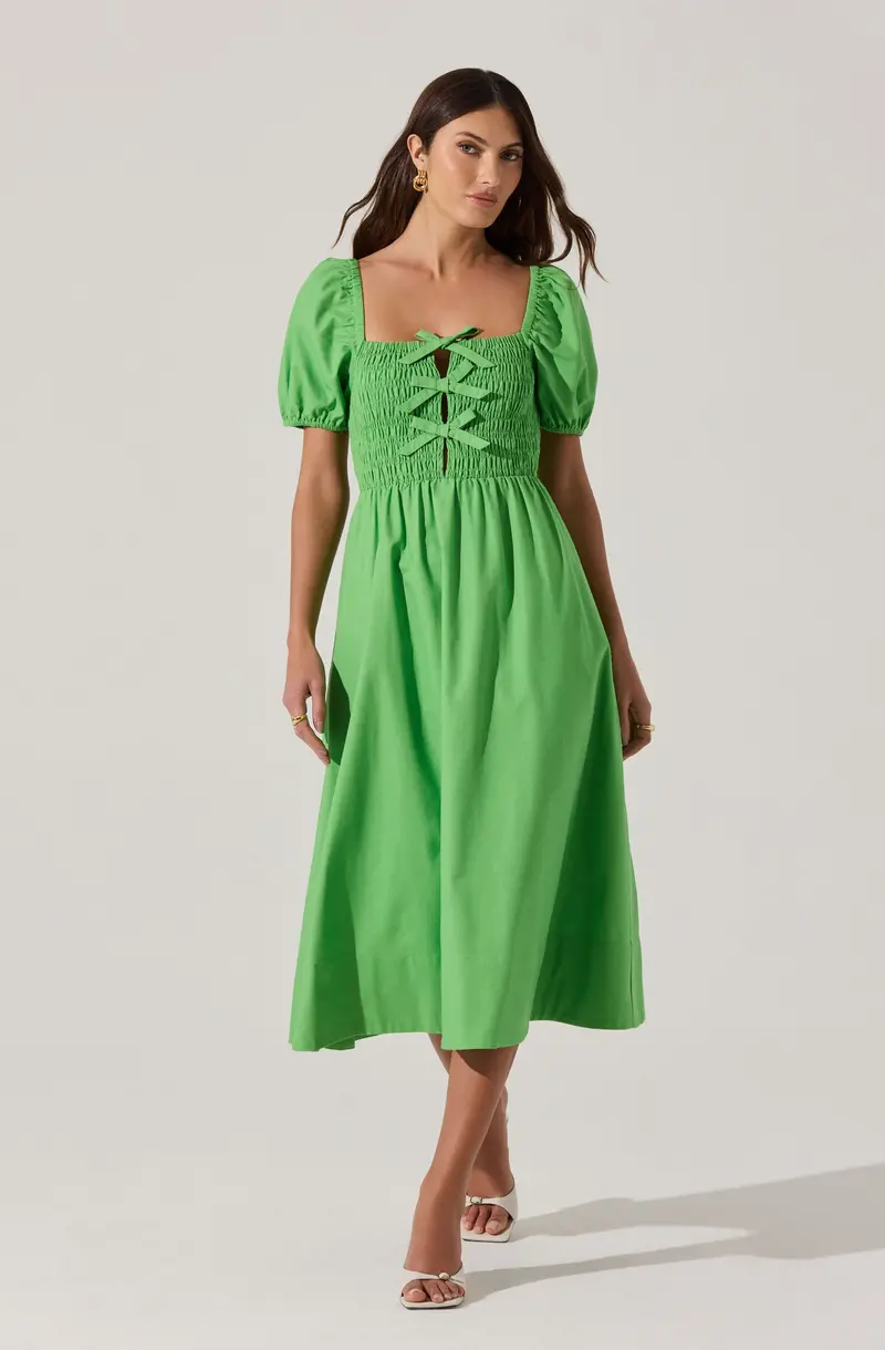 Smocked Midi Dress with Decorative Bow