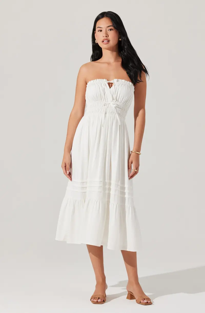 Smocked Strapless Midi Dress by Aubrie