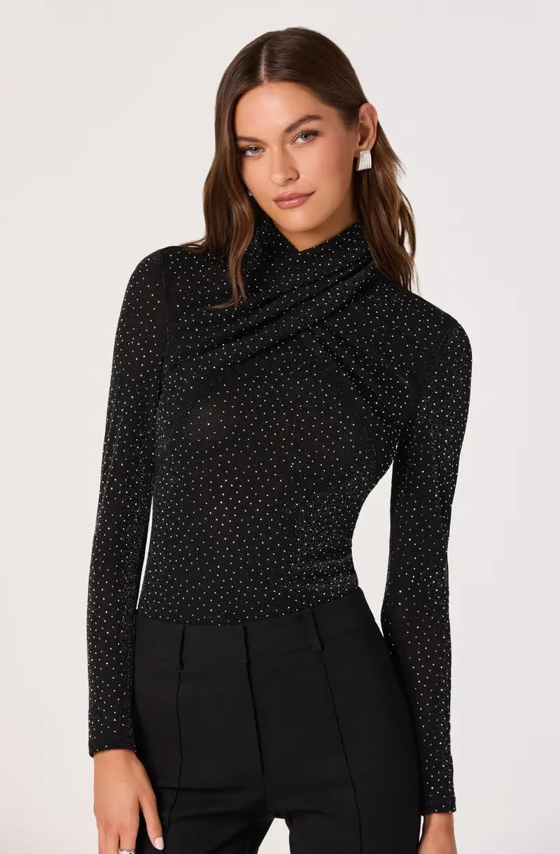 Sparkle-Embellished Crossover Mock Neck Top