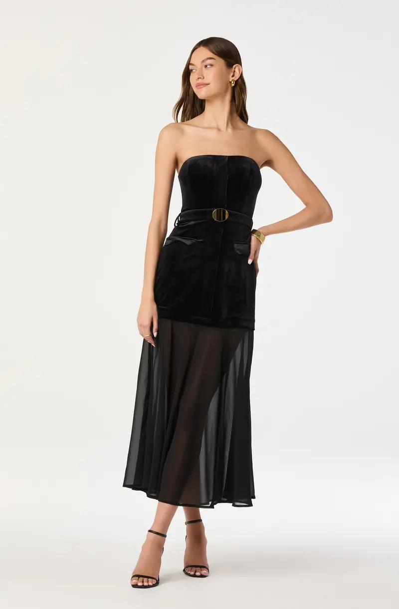 Strapless Midi Dress with Contrast Waist Belt