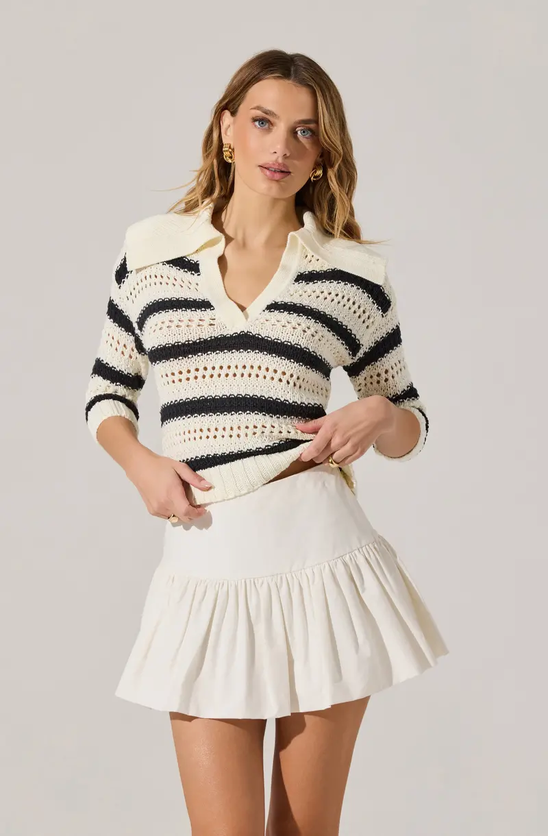 Striped Open-Knit Polo Sweater