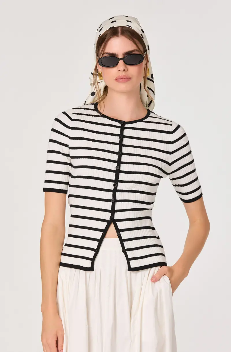 Striped Ribbed Cardigan with Short Sleeves – Henrie
