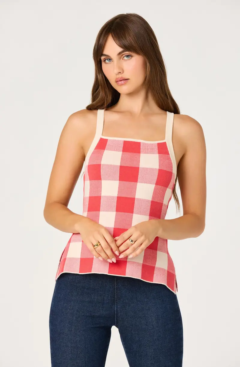 Sue Checked Square-Neck Short-Sleeve Top