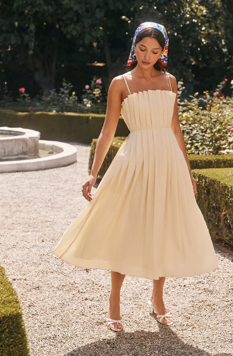 Sun-Kissed Pleated Midi Dress