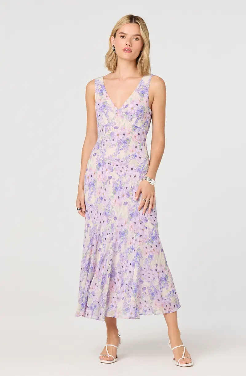 Symone Floral Midi Dress with Godet Skirt Flare