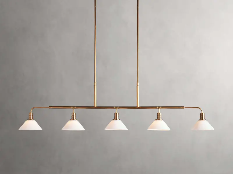 Theron 60″ Linear Chandelier – Milk Glass Shades with Brass Frame