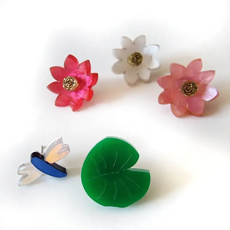 Three-Piece Lobe Earring Set: Water Lily, Leaf & Dragonfly
