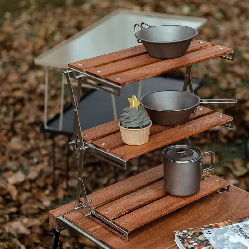 Three-Tier Foldable Outdoor Storage Rack – Space-Saving Camping Organizer for Gear and Cooking Supplies