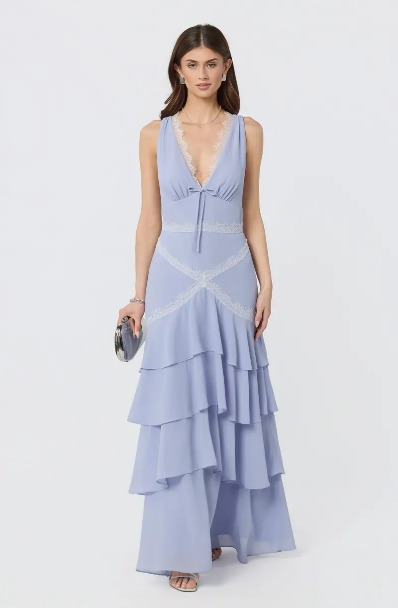 Tiered Ruffle Maxi Dress with Delicate Lace Trim