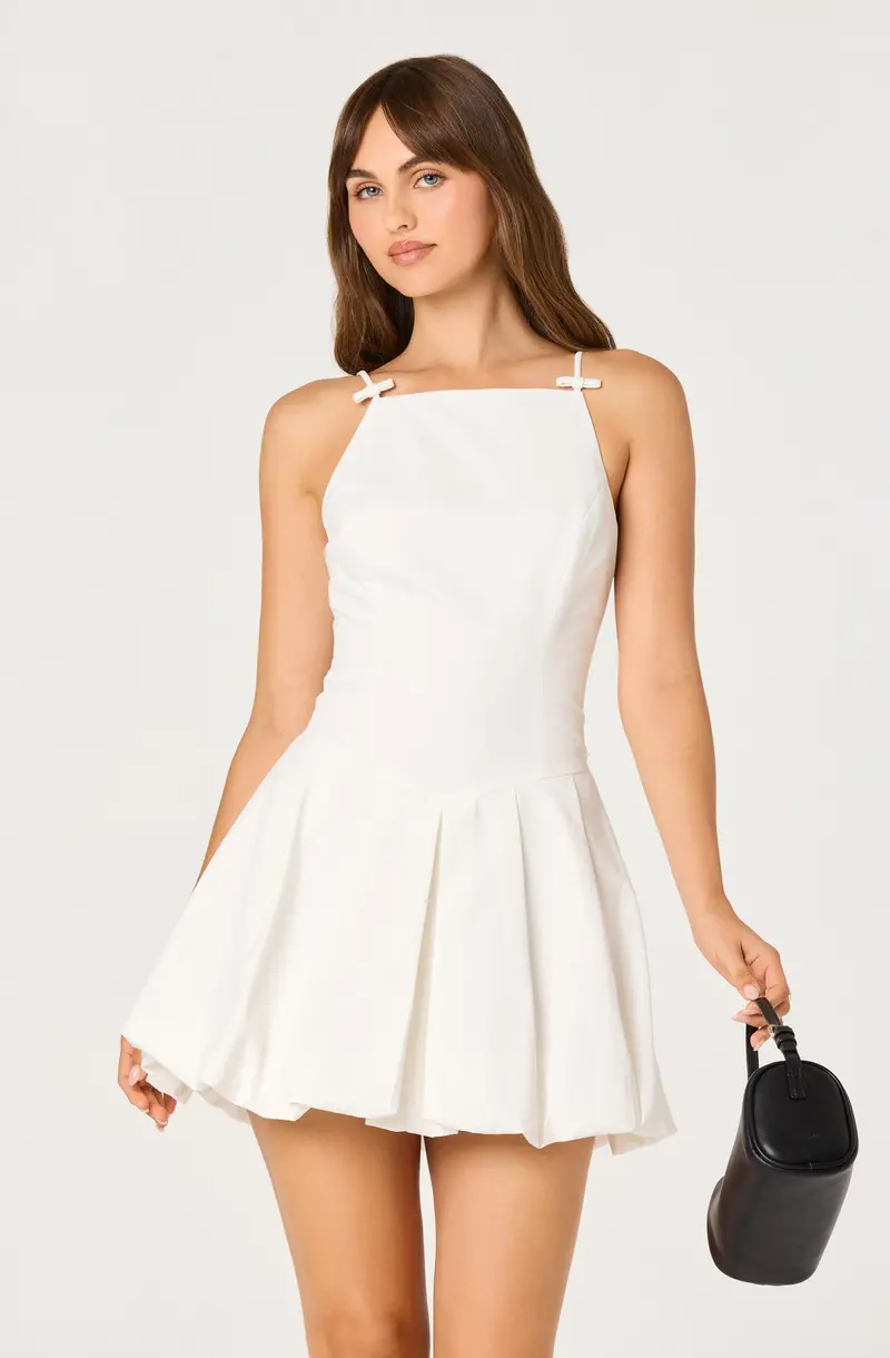 Tionna Apron-Neck Mini Dress with Bow Accents and Bubble Hem