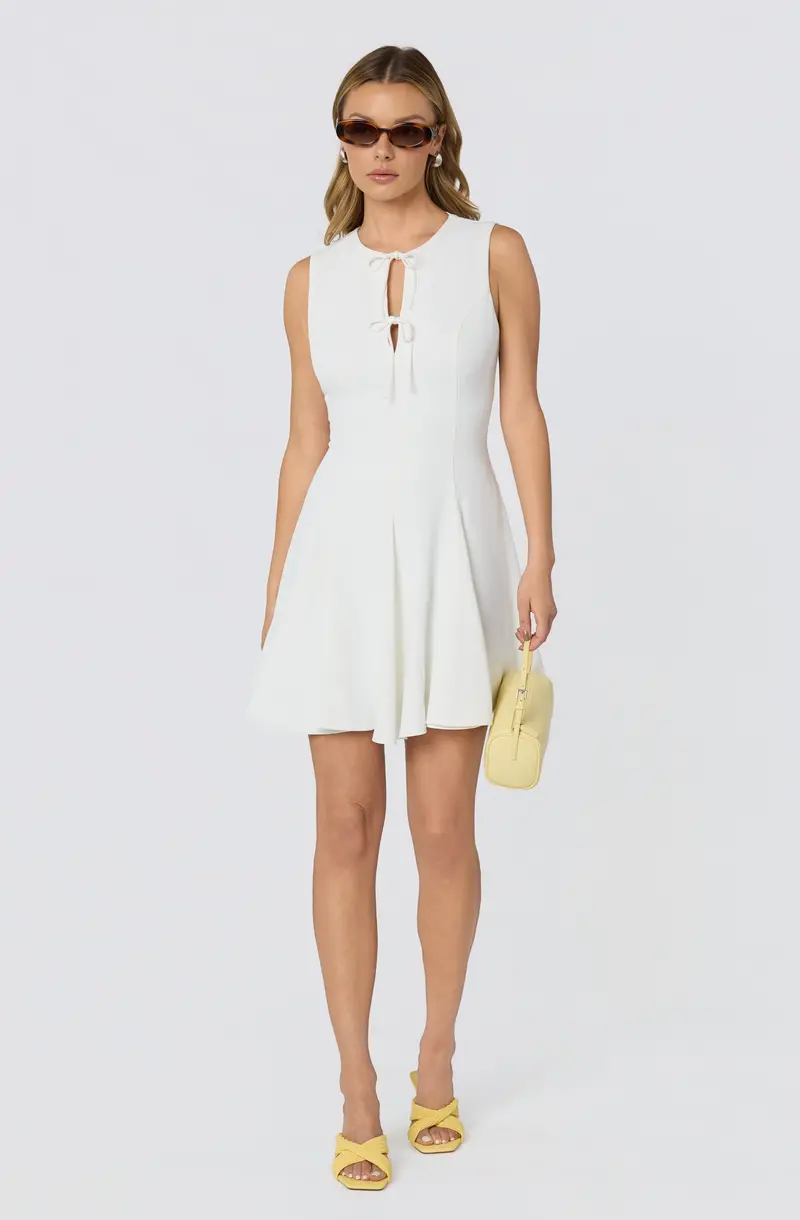 V-Neck Godet Mini Dress – Self-Tie Waist & Flirty Movement