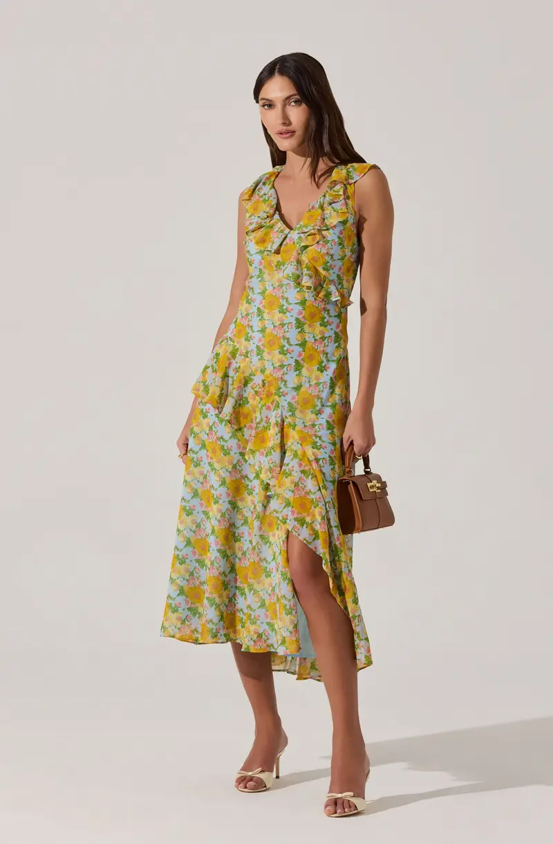 V-Neck Midi Dress with Floral Pattern and Ruffled Trim