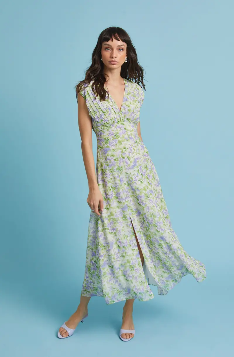 V-Neck Pleated Midi Dress with Botanical Print