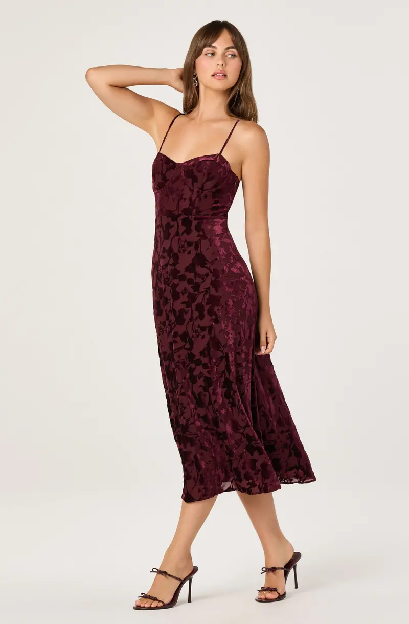 Velvet Midi Dress with Floral Burnout Pattern and Bustier Bodice