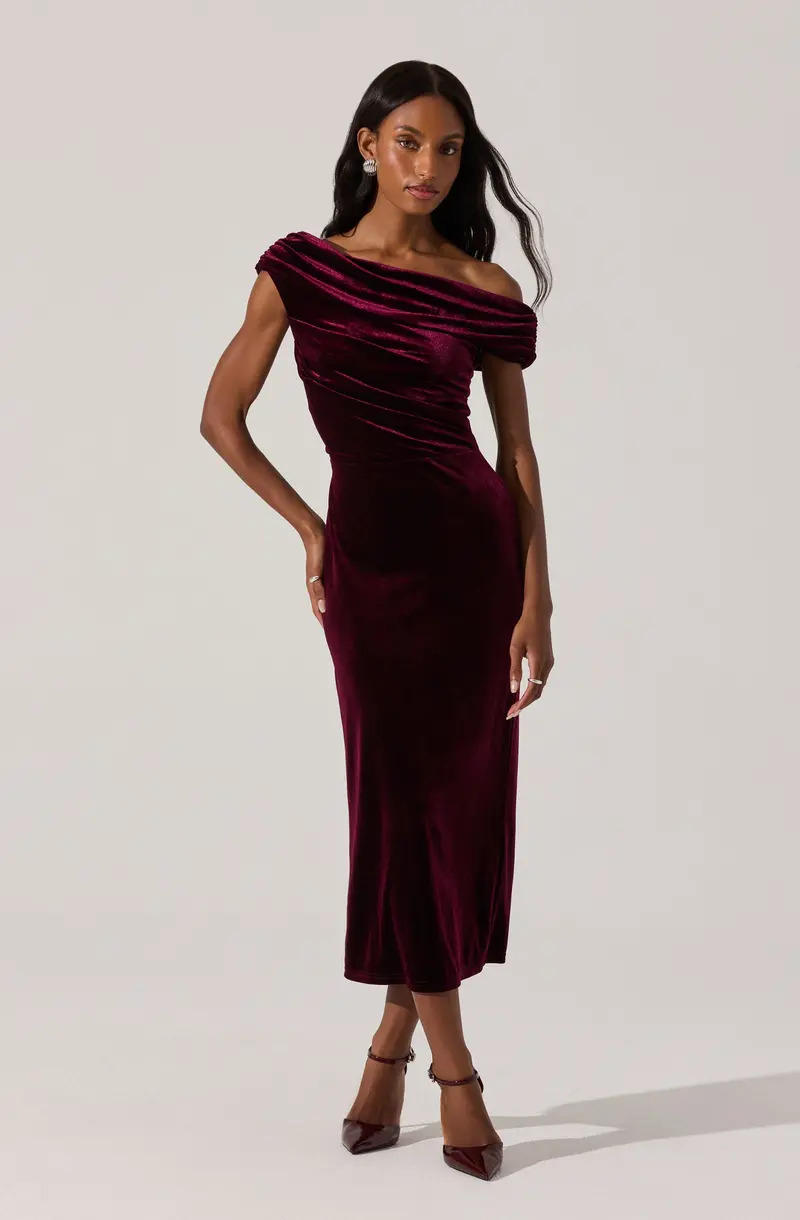 Velvet Off-Shoulder Midi Dress Style