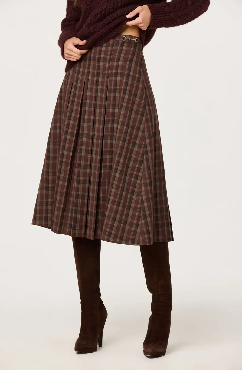 Vena Plaid Pleated Midi Skirt with Defined Waist