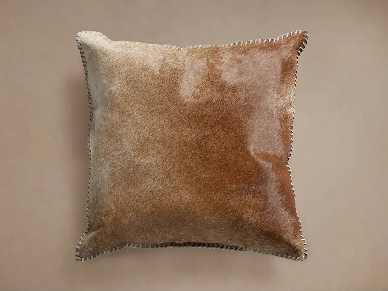 Whipstitch Brown Hide Throw Pillow – Genuine-Look Leather Accent Cushion